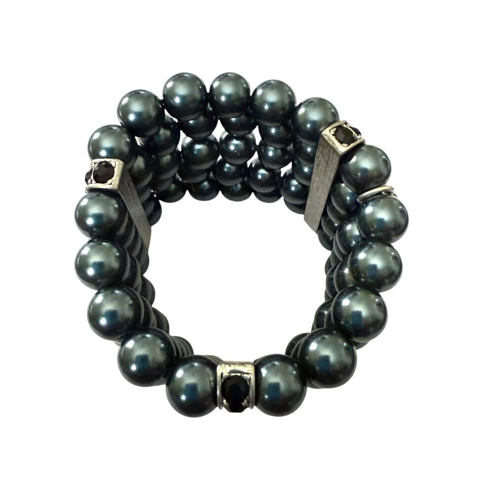 Cabi Heritage Black Pearl Bracelet Silver Tone Rhinestone Blue Gray 5 Strand - Picture 3 of 11